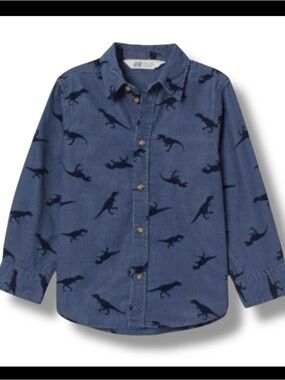 H&M Shirt Boys Blue Corduroy Dinosaur Print Long Sleeve Button Down Casual